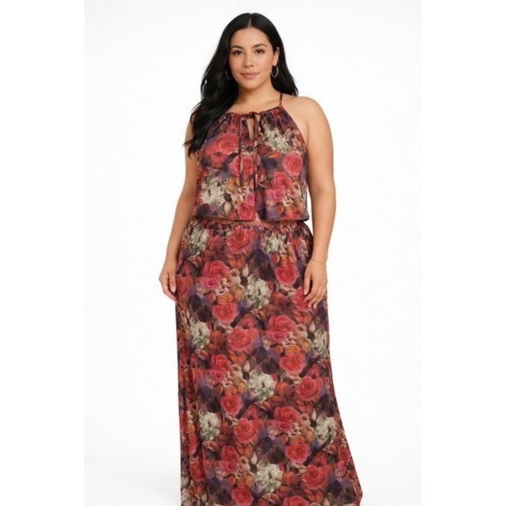 Cottagecore Brown/Pink Floral 2PC Maxi Skirt Set Large